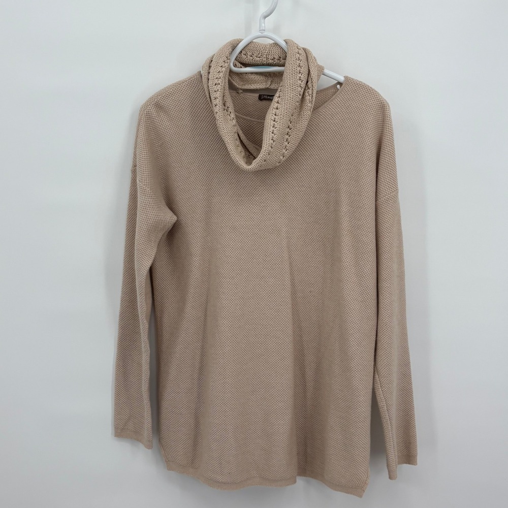 J.McLaughlin Cowl Neck Sweater Tan Beige Cashmere Blend Small Crochet Trim